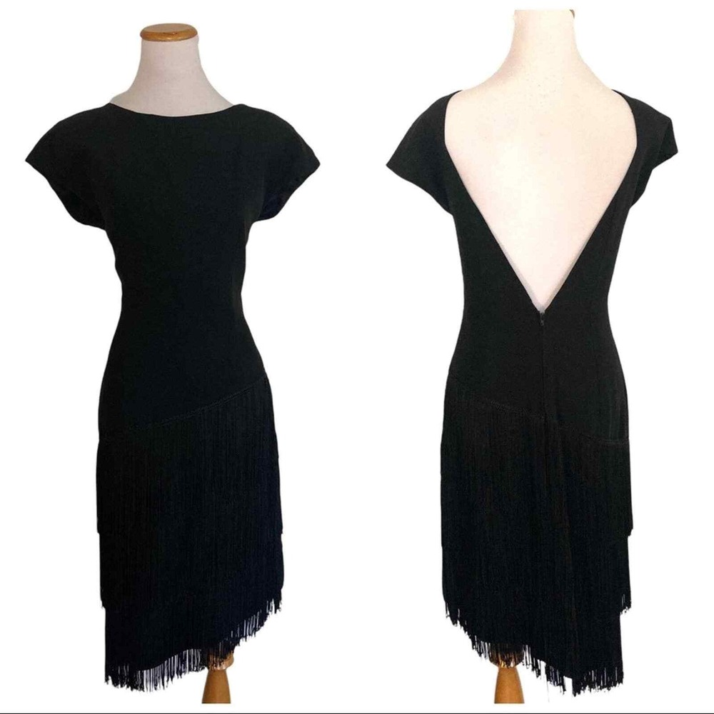 Vintage 70s Morton Myles Black Fringe Midi Dress Size 10